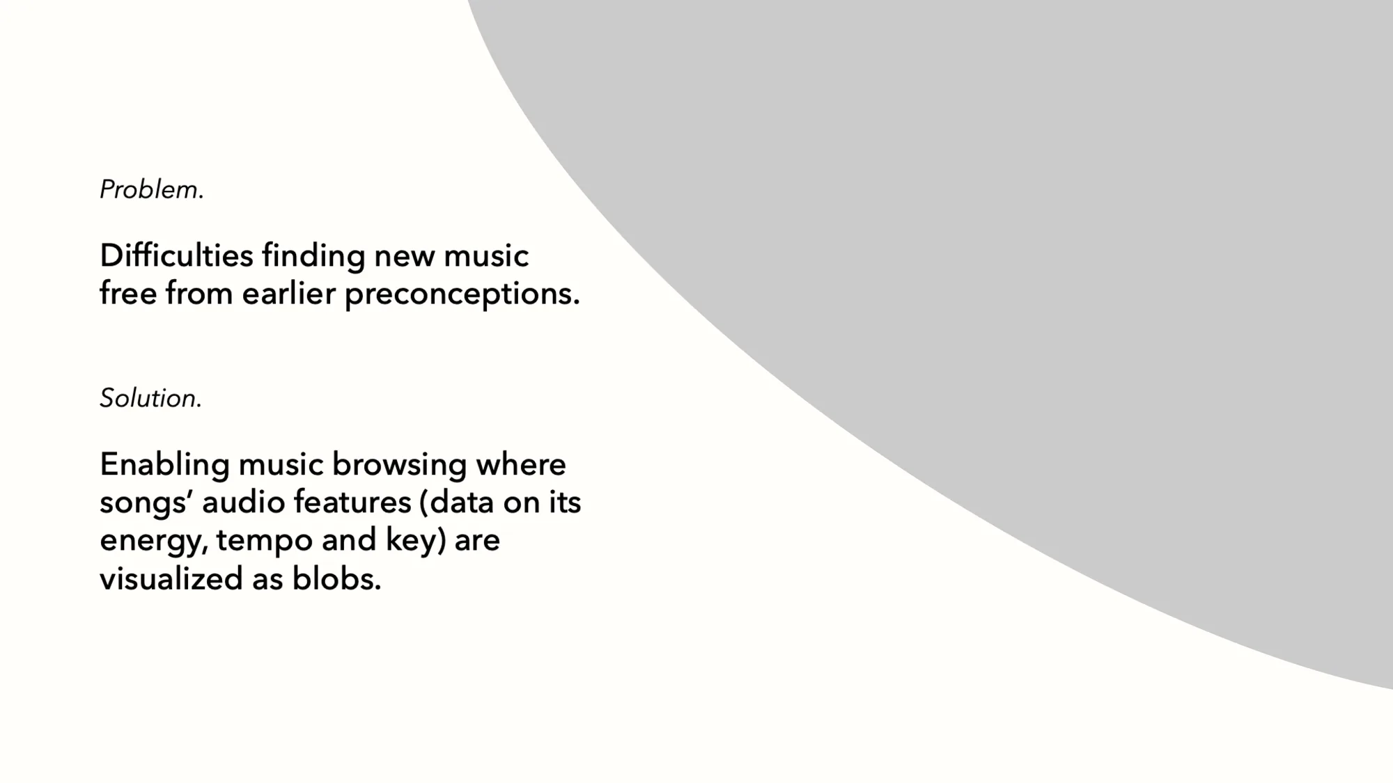 Project framing slide: difficulty finding new music, solved by visualising songs’ audio features as blobs