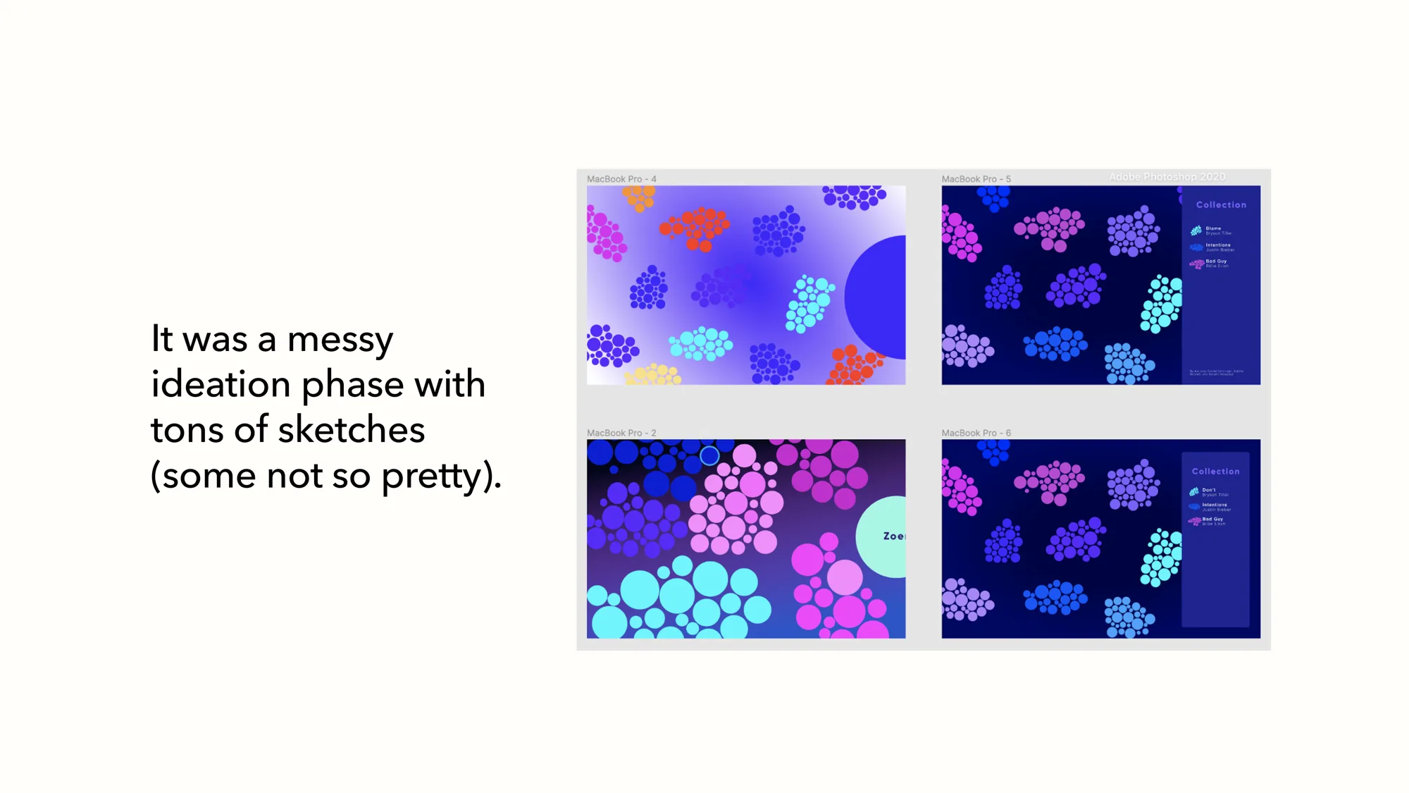 Four ideation screens exploring blob layouts in blue and pink