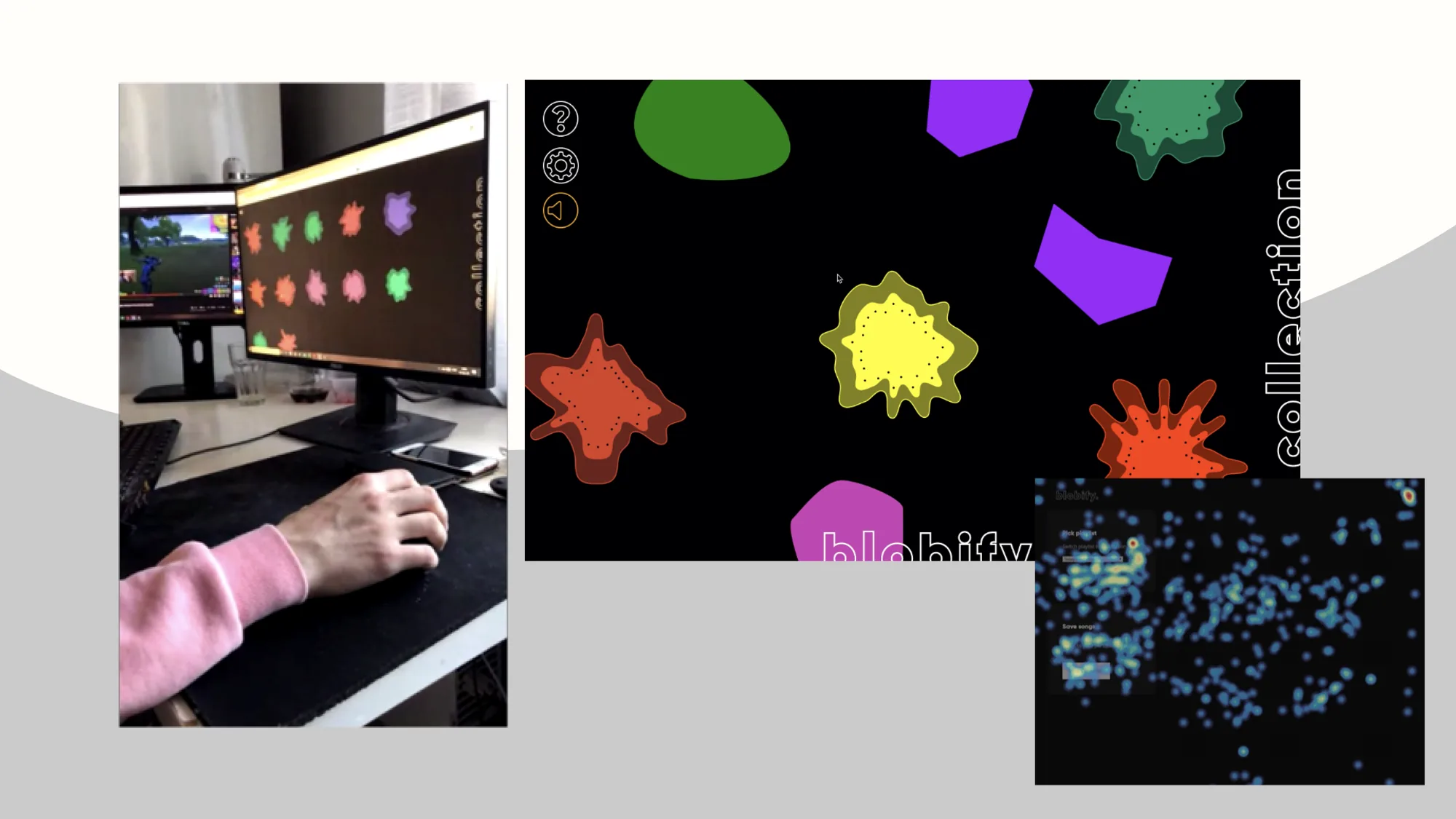 Screens from the saved collection view, with blobs against a dark background
