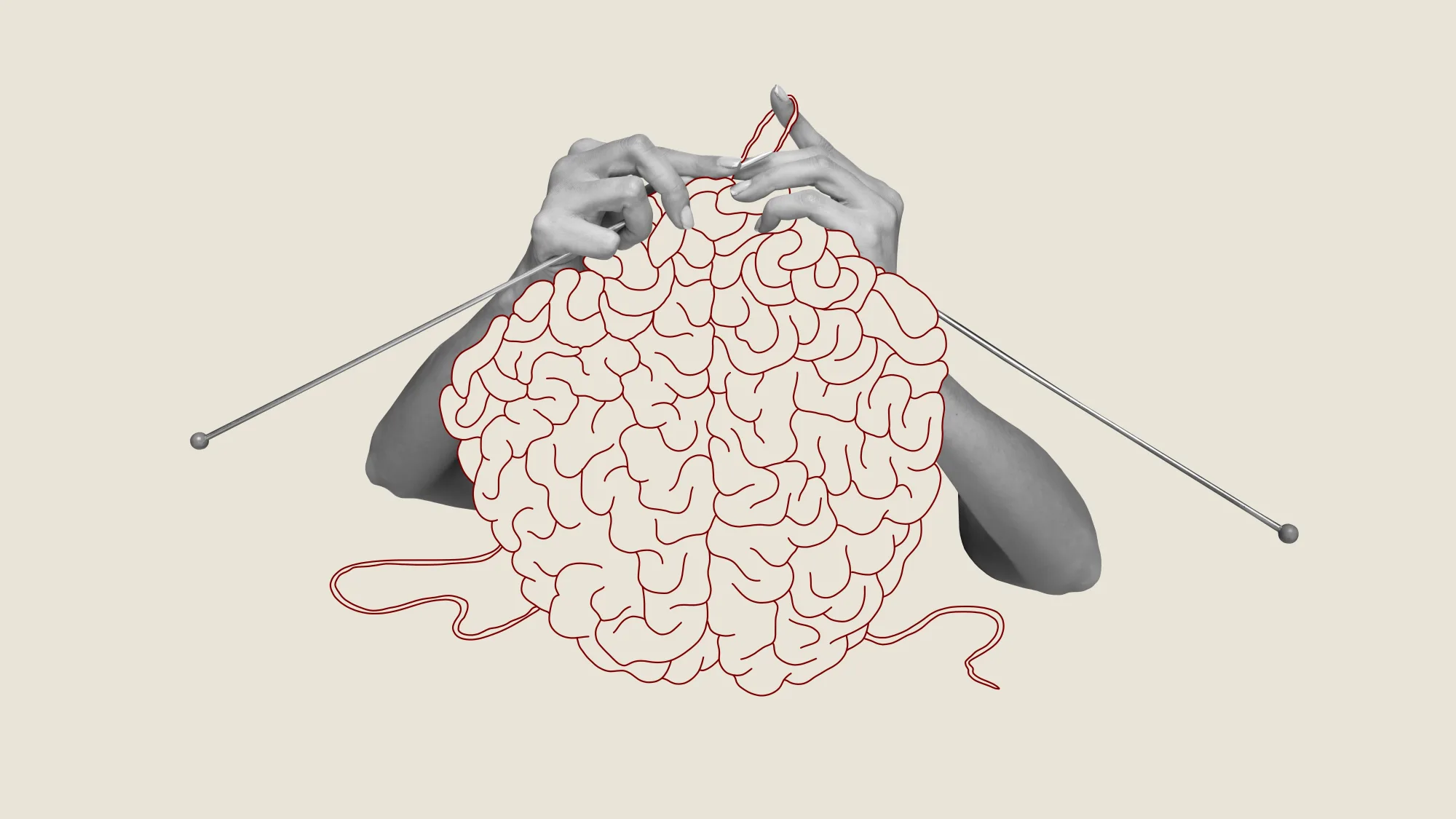 Black-and-white hands knitting a brain drawn in red line art, with the yarn trailing off below.