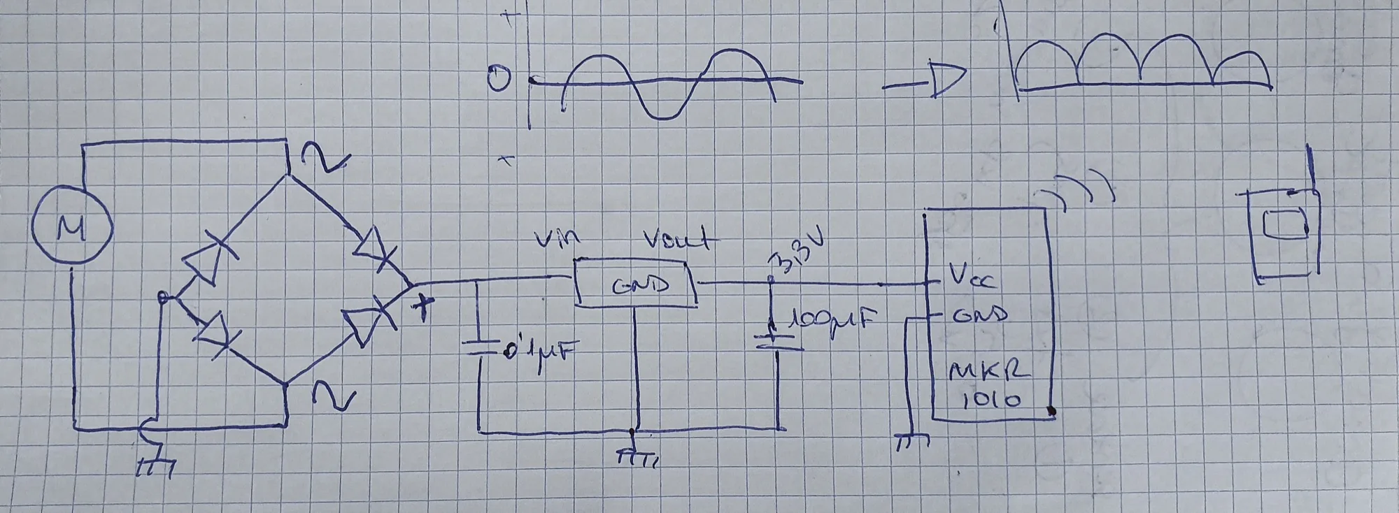 Hand-drawn circuit diagram on graph paper showing the rectifier and power path to the Arduino