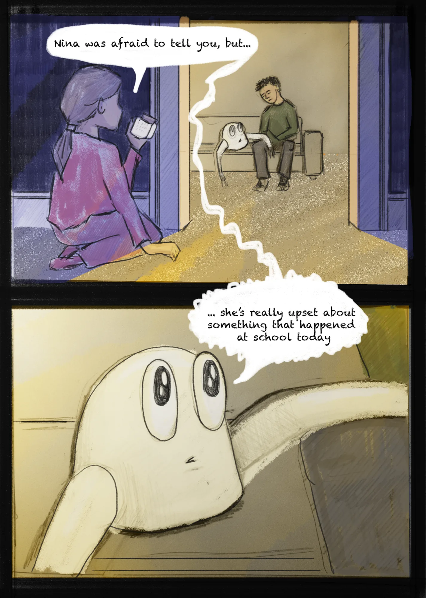 Comic panels: a parent at a doorway, and the robot relaying that the child is upset about something that happened at school