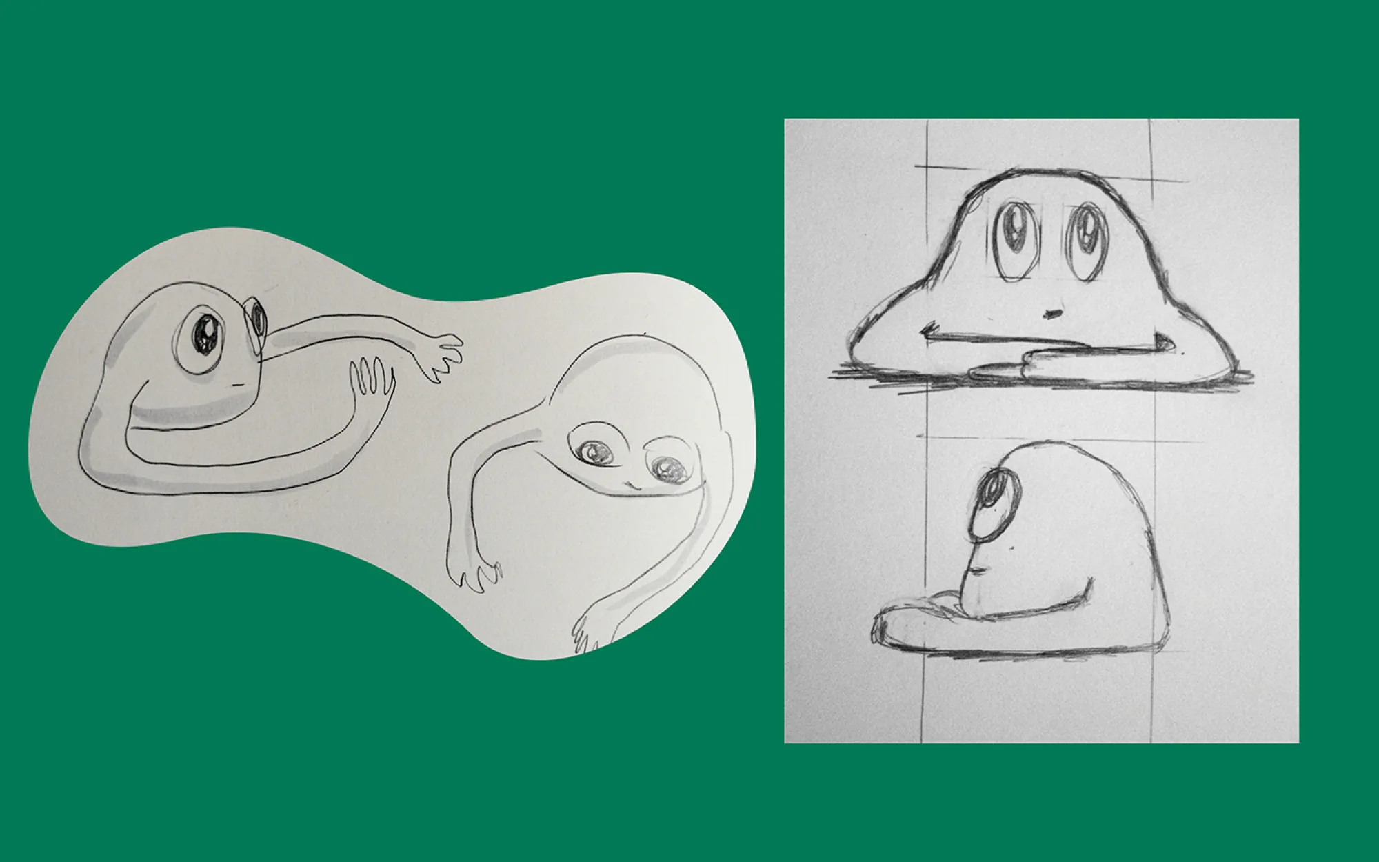 Refined character drawings of the robot: a soft rounded body with long arms and large eyes