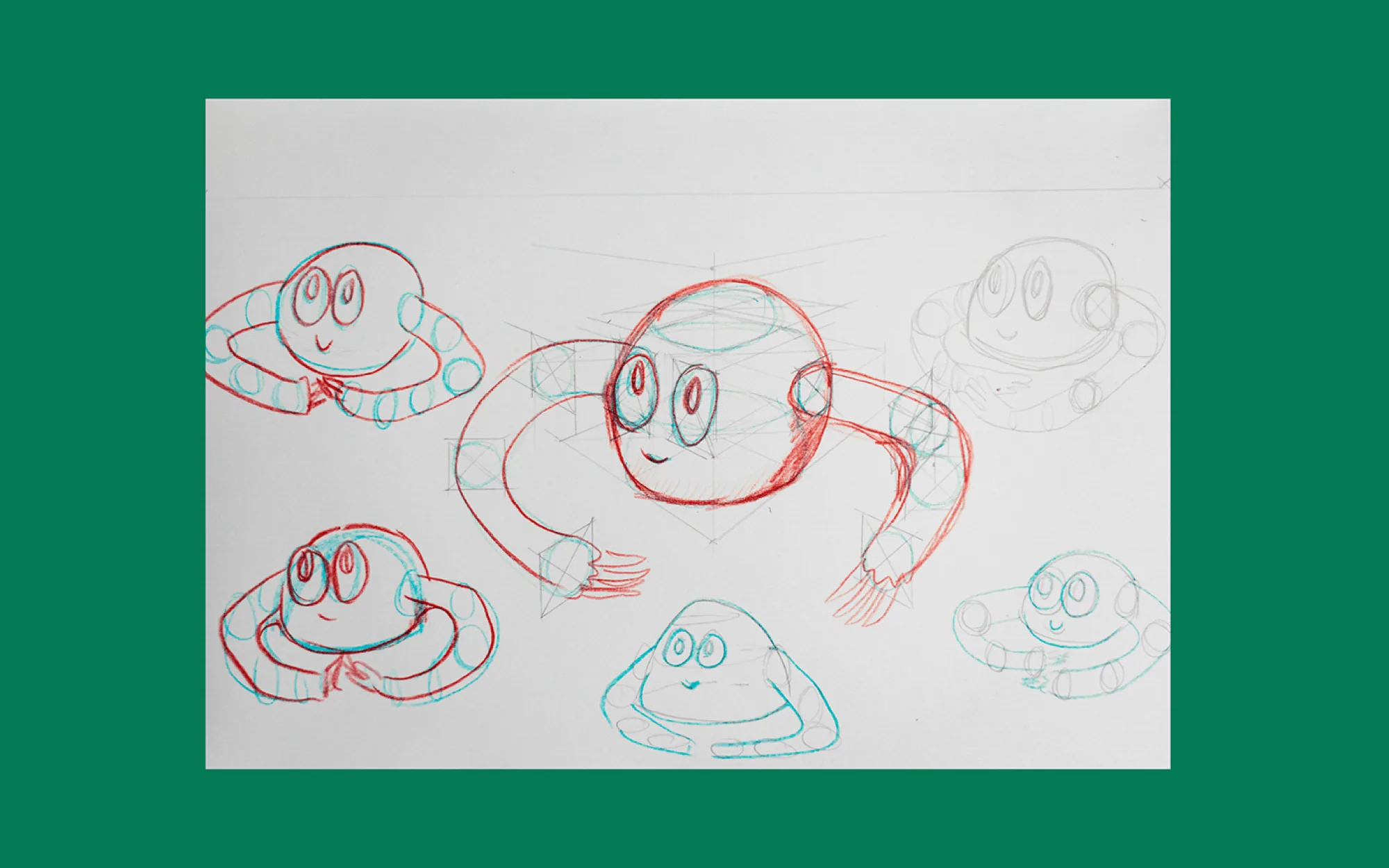 Construction sketches in red and blue working out the robot’s proportions