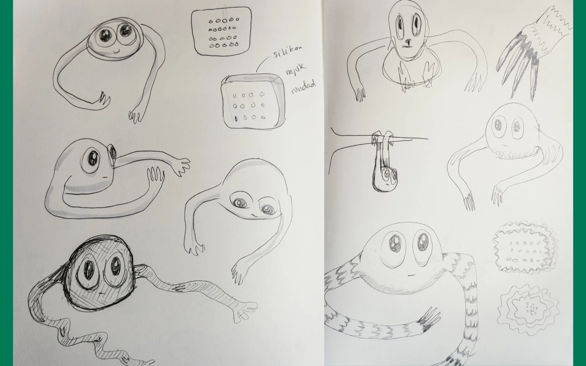 Sketchbook spread of robot variations, exploring arms, faces, and textures