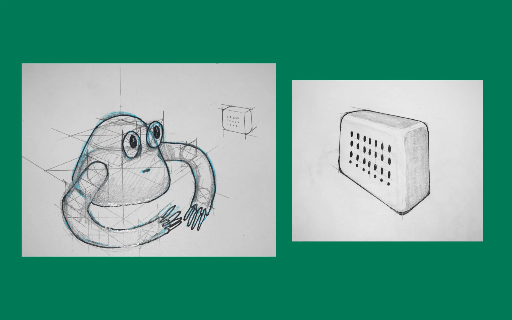 Sketch of the robot next to a drawing of its speaker housing
