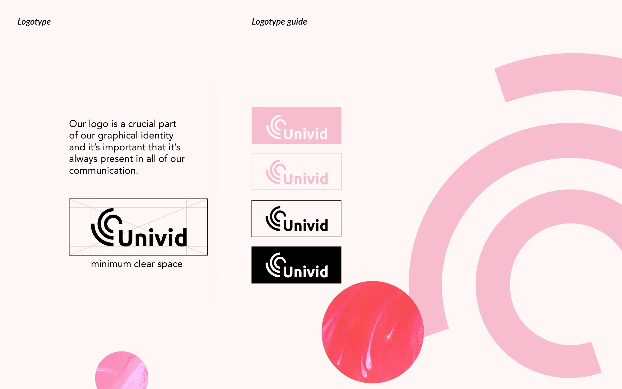 The logotype page from the Univid brand guidelines, showing the minimum clear space and the logo on pink, outlined, white and black backgrounds