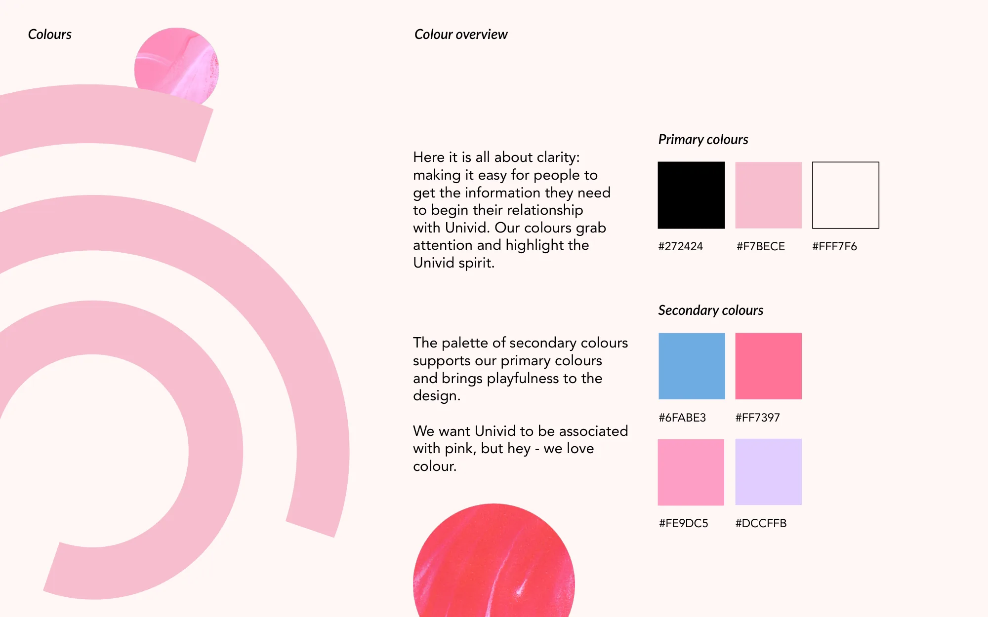 The colour page from the Univid brand guidelines, with primary swatches in near-black, pink and off-white, and secondary swatches in blue, coral, light pink and lavender