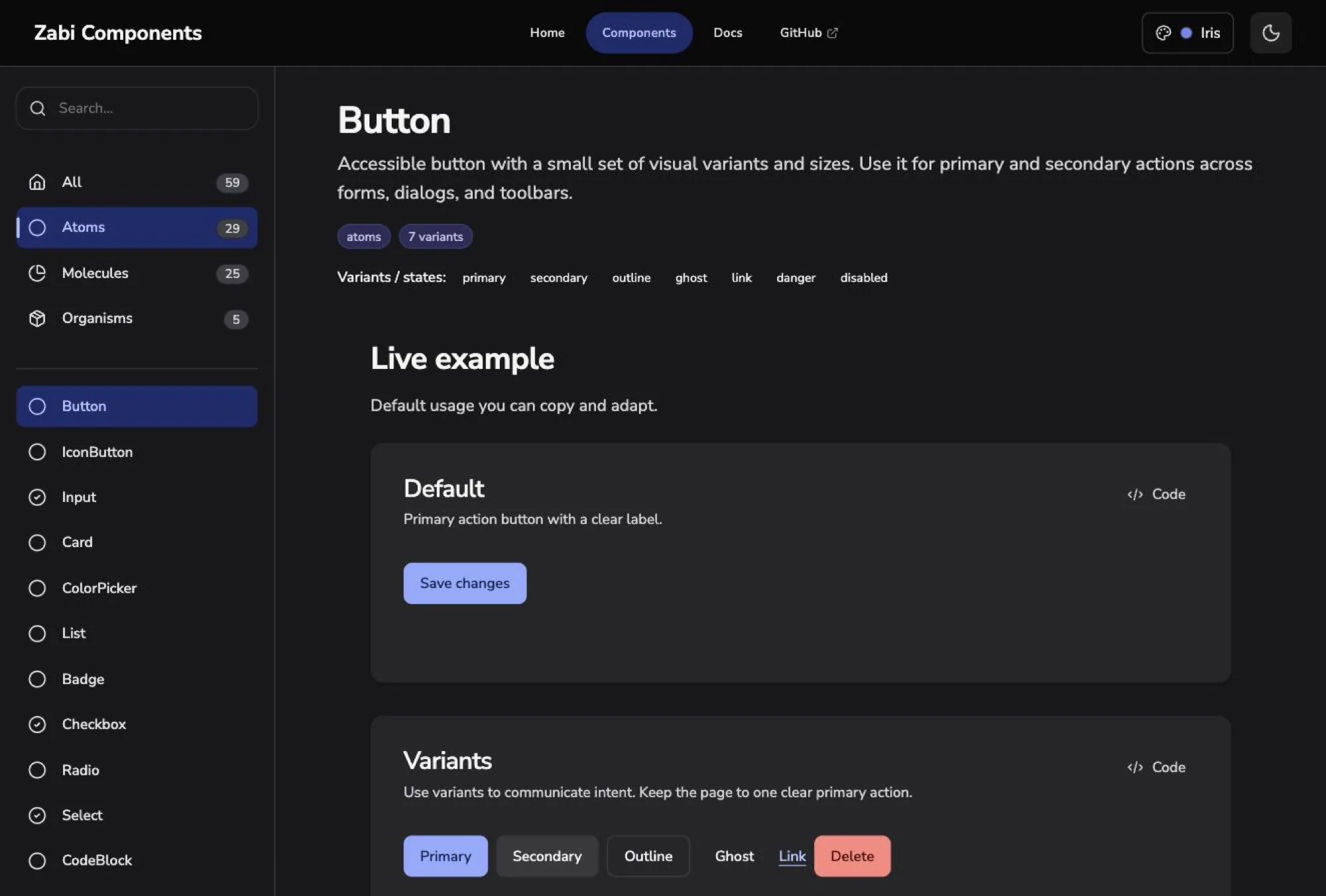 The component browser, showing the Button page with its variants, live examples and copyable code